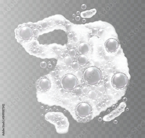 Realistic white soap bubbles and foam on transparent background. Vector illustration