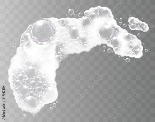 White soap lather with floating bubbles on transparent background. Vector illustration