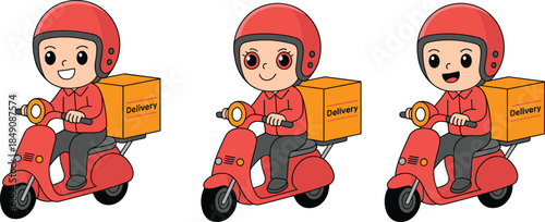 Cute delivery boy riding scooter illustration set, fast food courier service, smiling cartoon character, express shipping, flat vector design