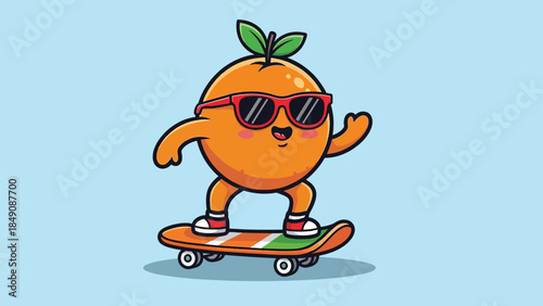 Happy Cartoon Orange Character Wearing Sunglasses and Skateboarding.