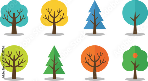 Flat colorful tree icons set, modern nature illustration, abstract forest elements, minimal landscape design, cartoon trees vector collection graphics assets
