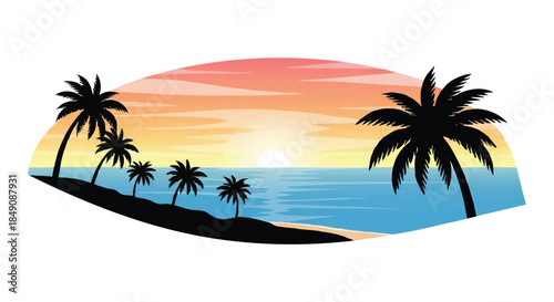 A serene summer tropical sunrise vector illustration featuring crisp palm tree silhouettes standing along the seacoast horizon against a warming morning sky and reflective ocean water.