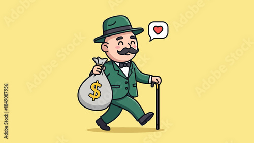 Wealthy Cartoon Gentleman with Mustache Hat Green Suit Carrying Money Bag and Walking Stick.