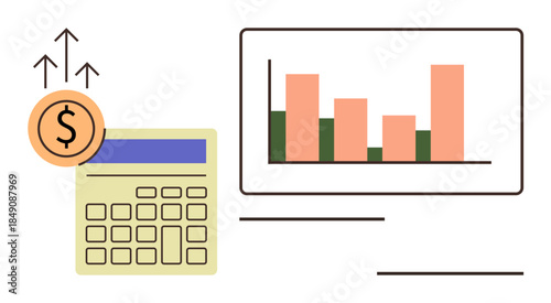 Calculator and bar chart showing financial data with increasing dollar signs. Ideal for finance, accounting, investment, profitability, budgeting, business strategy, and economic growth. Simple flat