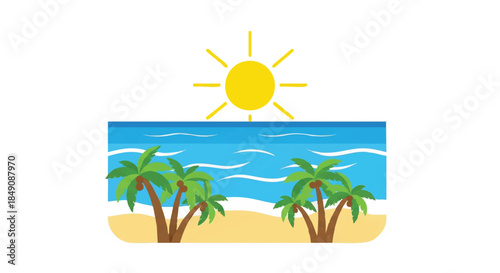 Tropical palms growing on a sunny seacoast beach with clear blue water, presented as a simple flat 2D vector illustration on a clean white background.
