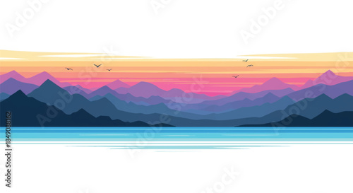 Flat 2D vector graphic showing tranquil summer sunset colors transitioning above dark seacoast and majestic mountain range silhouettes, isolated on a clean white background.