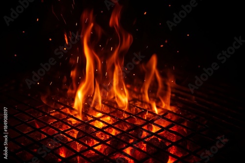 Barbecue Grill with Flaming Charcoal Fire and Sparks on Black Background - Hot BBQ Flames, Glowing Coals, Empty Grate for Cooking, Summer Grilling Concept