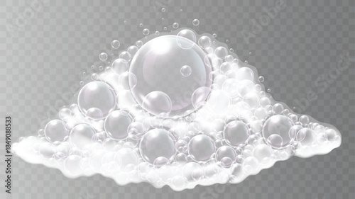 White foamy soap bubbles floating on transparent background. Vector illustration