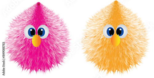 Cute Fluffy Cartoon Birds with Big Eyes – Pink and Yellow Characters