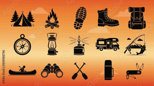 Camping and Outdoor Adventure Gear Icons Set.