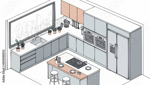 Modern Isometric Kitchen Design with Island and Appliances.
