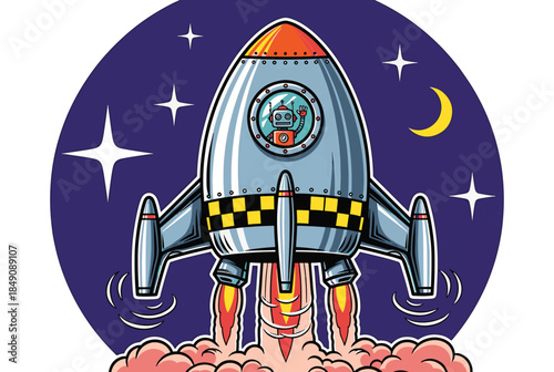 Vibrant cartoon rocket ship blasting off into starry night sky