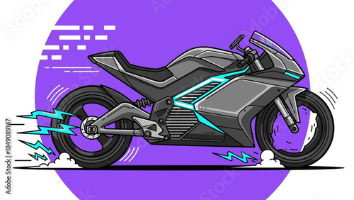 Futuristic electric motorcycle speeding with glowing blue accents