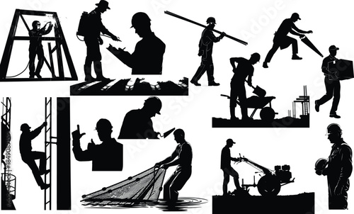 This vector collection features worker silhouettes representing various professions and labor activities,The minimal and high-contrast silhouette style makes the artwork versatile and easy to integrat