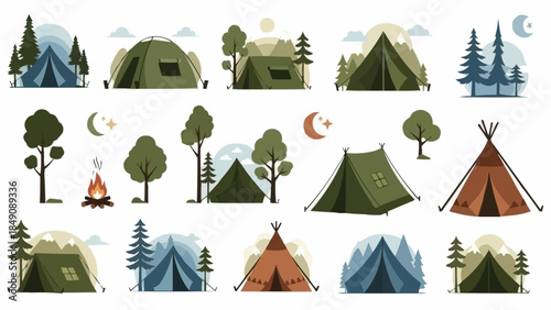 Collection of Diverse Camping Tents and Outdoor Scenes.
