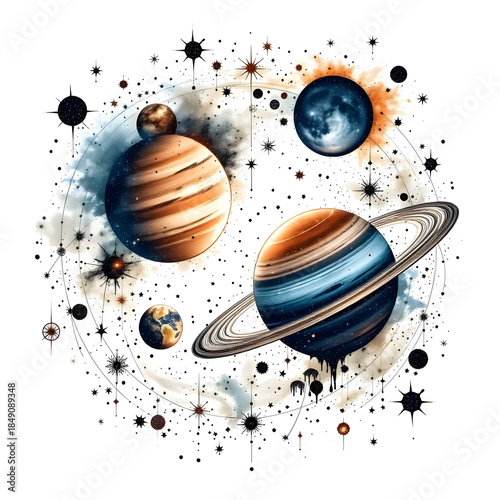 A painting of the planets in the solar system with the sun in the center