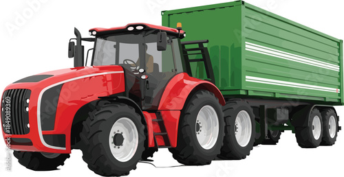 Red, agricultural, tractor, with, green, farm, trailer, modern, heavy, duty, farming, machinery, vector, illustration, isolated, on, white, background, rural, transportation,