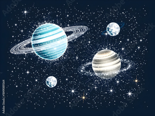 A blue and white planet with a ring around it is surrounded by other planets