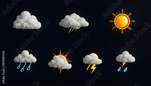 A series of weather icons, including rain, sun, and lightning