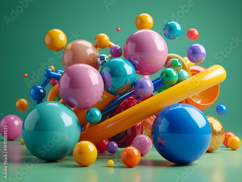 A colorful ball sculpture with a yellow tube in the middle