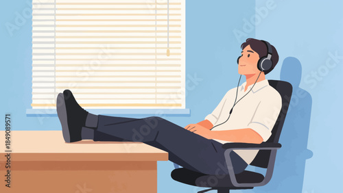 Man relaxing with headphones on chair