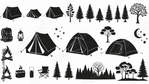 Collection of Camping Tents and Forest Elements.