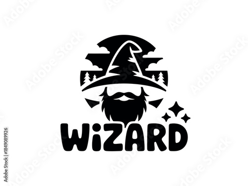 Black Wizard Logo with Beard, Hat, and Magic Stars on White Background Design