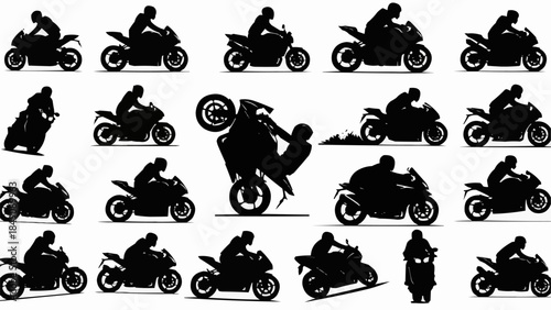 Collection of Motorcycle Silhouettes in Various Dynamic Poses.