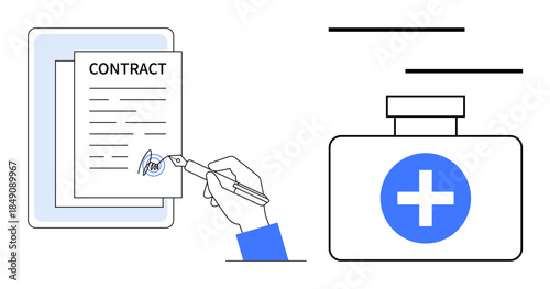 Hand signing contract document with pen alongside medical-style approval seal, symbolizing legal validation, agreements, and certification. Ideal for business, contracts, law, approval