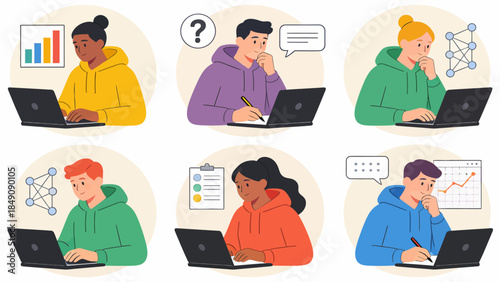 People working on laptops with various tasks