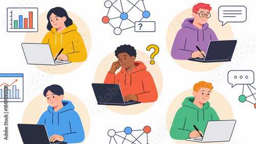 People working on laptops with charts