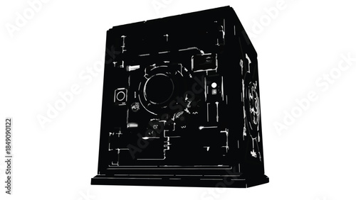 Black electronic device with intricate circuitry and wiring