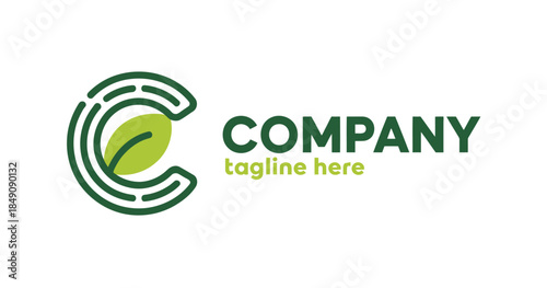 Green Leaf Company Logo Template with Tagline on White Background for Business Branding