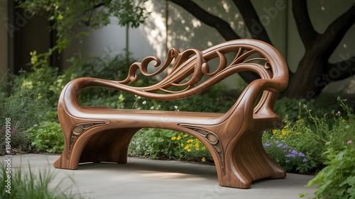Curvaceous wooden bench with intricate, flowing designs, situated on a concrete path amidst a lush garden. 
