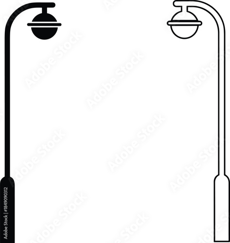 Minimal street lamp icons in solid and outline styles, modern urban outdoor lighting symbols, isolated black and white vector illustration