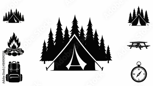 Camping Adventure Icons Set Forest Tent Backpack Fire Compass Picnic Table.
