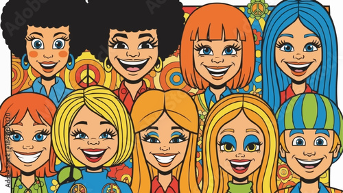 Group of Diverse People with Retro Hairstyles and Outfits.