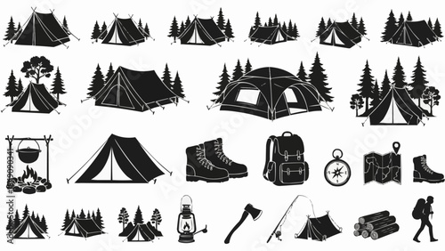 Camping Gear and Tents Collection Outdoor Adventure Icons.
