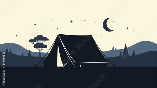 Silhouette of a camping tent under a starry night sky.