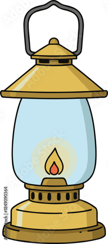 Vintage kerosene lantern illustration with glowing flame, classic camping and emergency light symbol, isolated colorful vector on white background