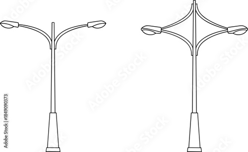 Minimal double arm street lamp icons in outline style, modern urban road lighting poles, isolated black and white vector illustration