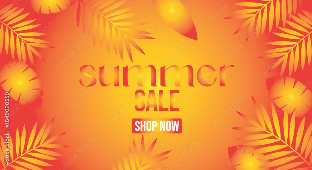 Naklejka premium Summer Sale Banner with Tropical Leaves and Warm Colors