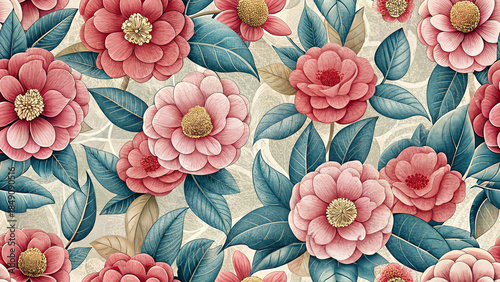Vintage floral pattern with large pink flowers and blue leaves on an ornate background