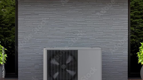 Outdoor heat pump modern energy efficient air conditioning unit patio with black and gray design, potted plant accents, minimalist contemporary exterior, sustainable ventilation and heating solution