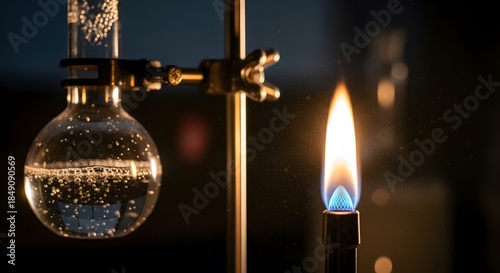 Close-up of a glass round-bottom flask held by a clamp next to a glowing blue and orange flame of a Bunsen burner in a dark lab