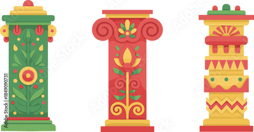 Decorative traditional columns illustration set with colorful folk art patterns, ornamental pillars collection, isolated flat vector design on white background