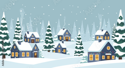 Charming winter village scene with snow-covered houses and festive lights, evoking a sense of holiday cheer and peacefulness