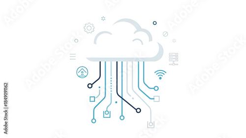 Stylized cloud computing concept with digital circuit connections and technology icons on a white background.