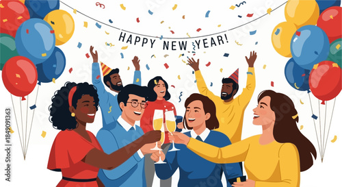Happy New Year Celebration with Diverse People Toasting and Confetti Falling