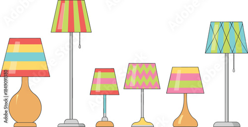 Colorful Patterned Table And Floor Lamps Illustration Set With Modern Decorative Lampshades Isolated On White Background